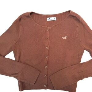 Hollister Ribbed Cardigan Brown Button Up Long Sleeve Seagull Logo Sweater M